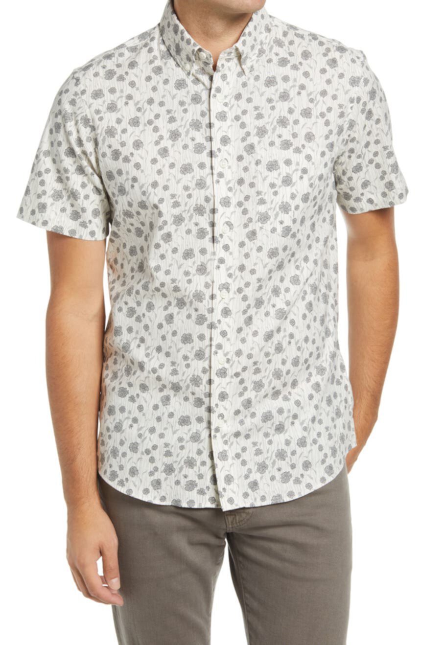 Рубашка из эластичного хлопка и льна на пуговицах с короткими рукавами и цветочным принтом Nordstrom NORDSTROM MEN'S SHOP