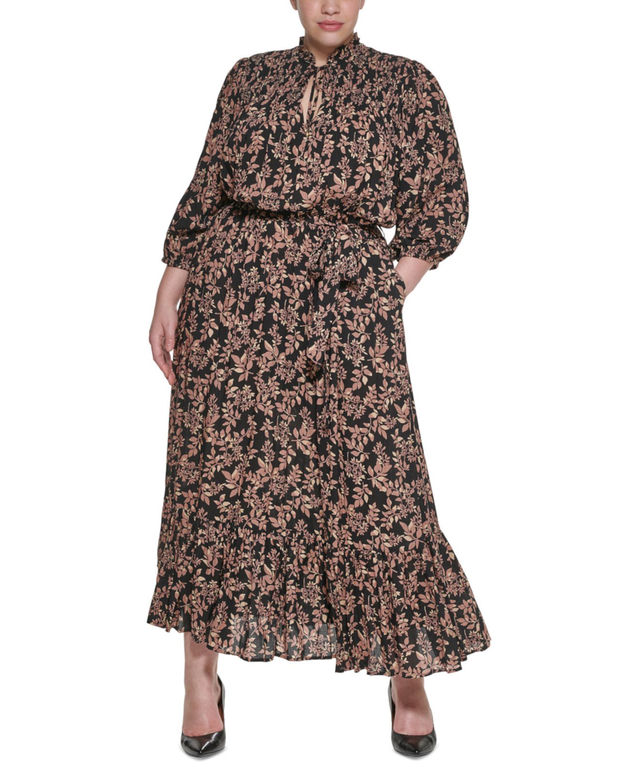 Платье макси Challis большого размера с цветочным принтом и завязкой на воротнике Calvin Klein