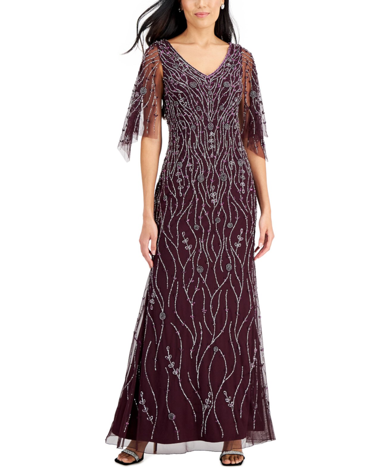 Платье с V-образным вырезом и бисером с развевающимися рукавами J Kara
