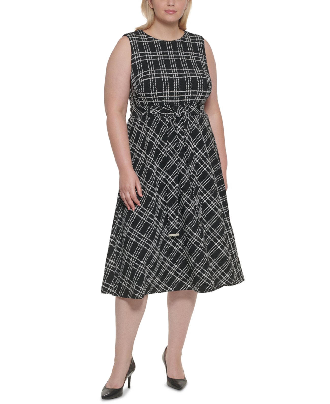 Платье трапециевидной формы с поясом и принтом больших размеров Calvin Klein