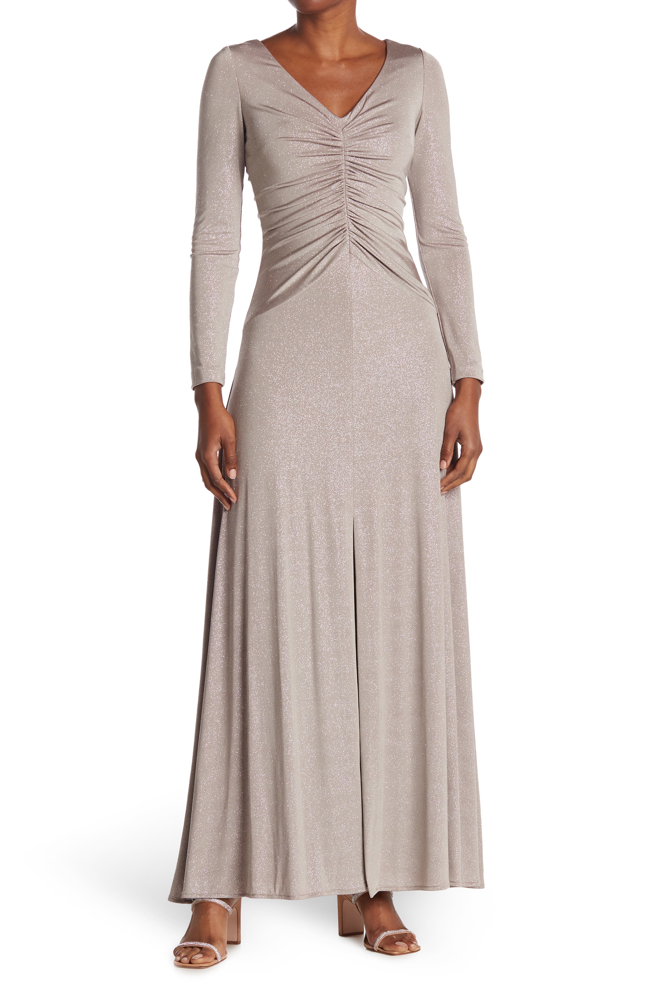 shimmer maxi dress with sleeves