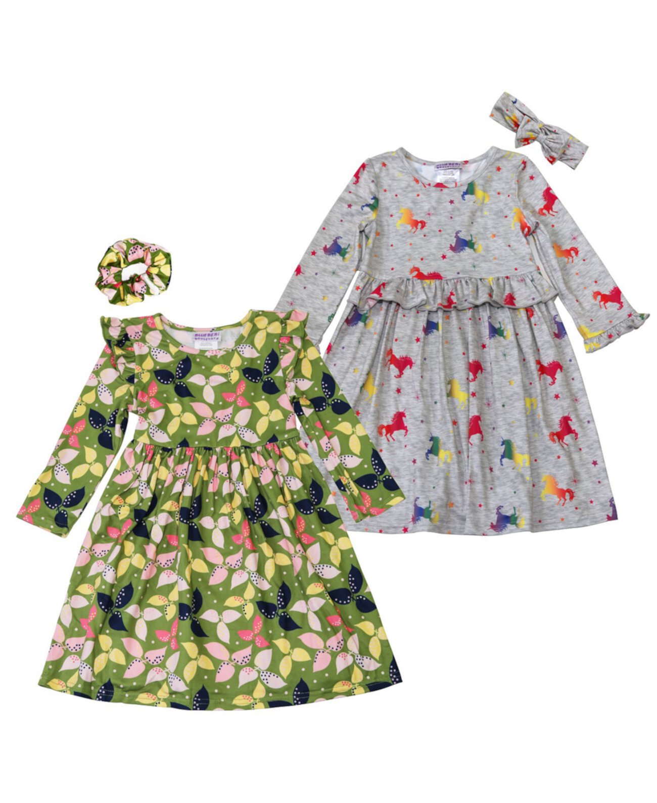 Платья с принтом листьев и единорога для маленьких девочек с аксессуарами для волос, набор из 4 предметов Blueberi Boulevard