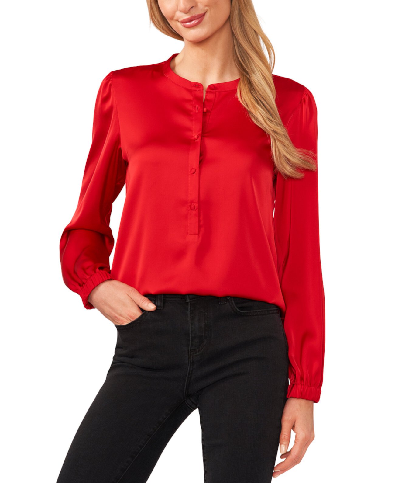 Women's Long Sleeve Crew Neck Button-Up Blouse CeCe