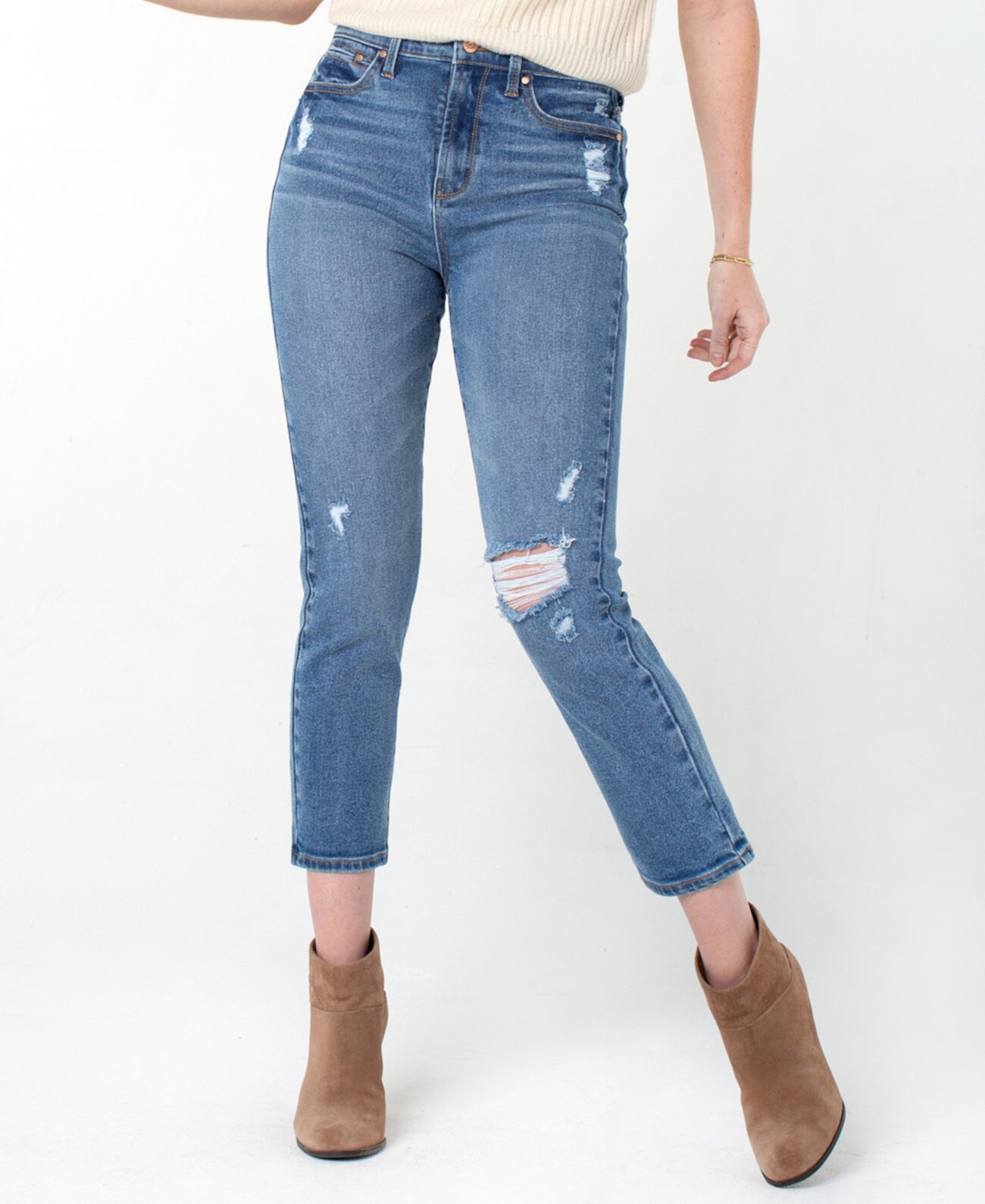Женские прямые джинсы с высокой посадкой и разорванным коленом RACHEL Rachel Roy