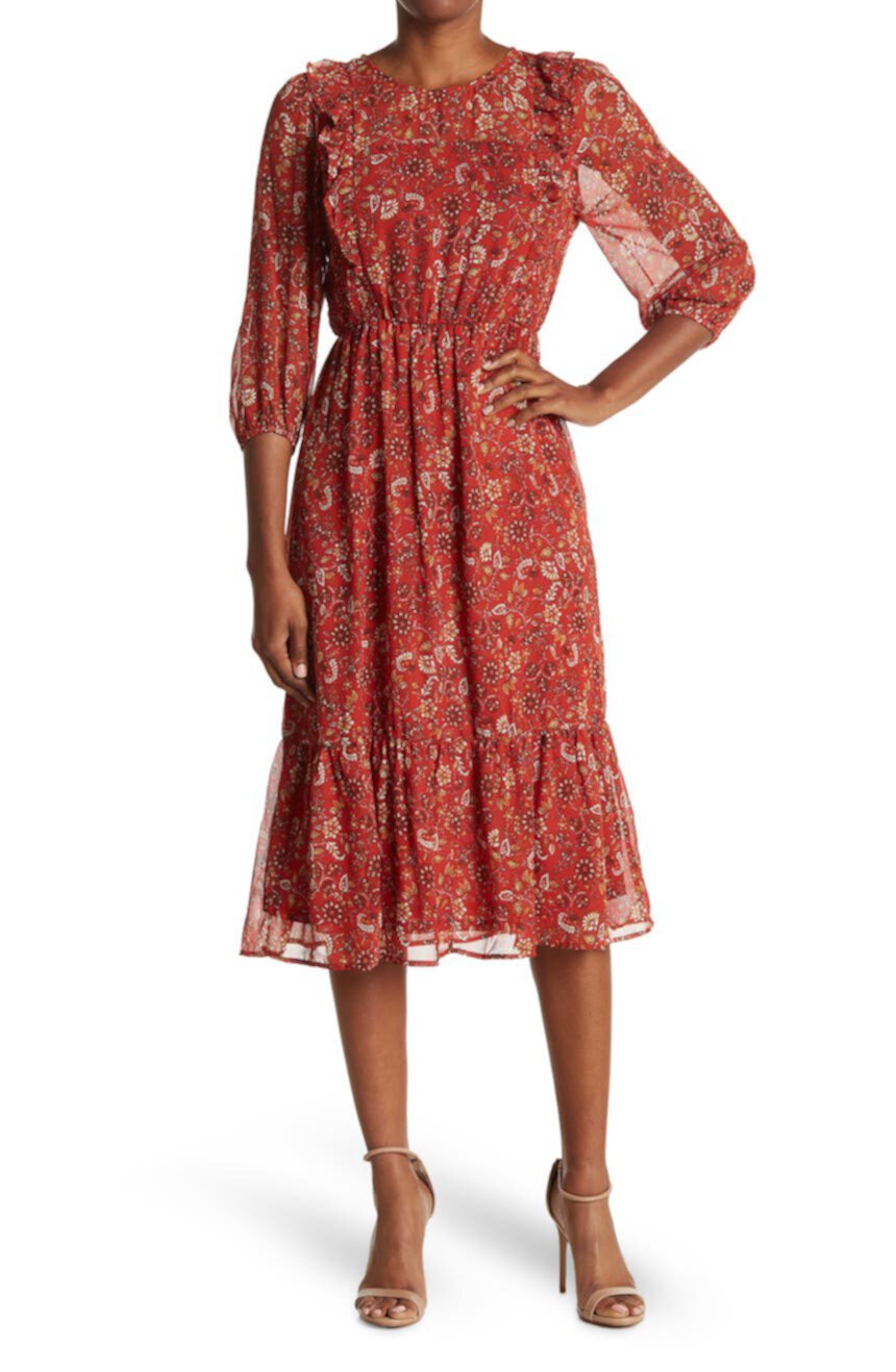 Платье миди с длинными рукавами и оборками с цветочным принтом Collective Concepts