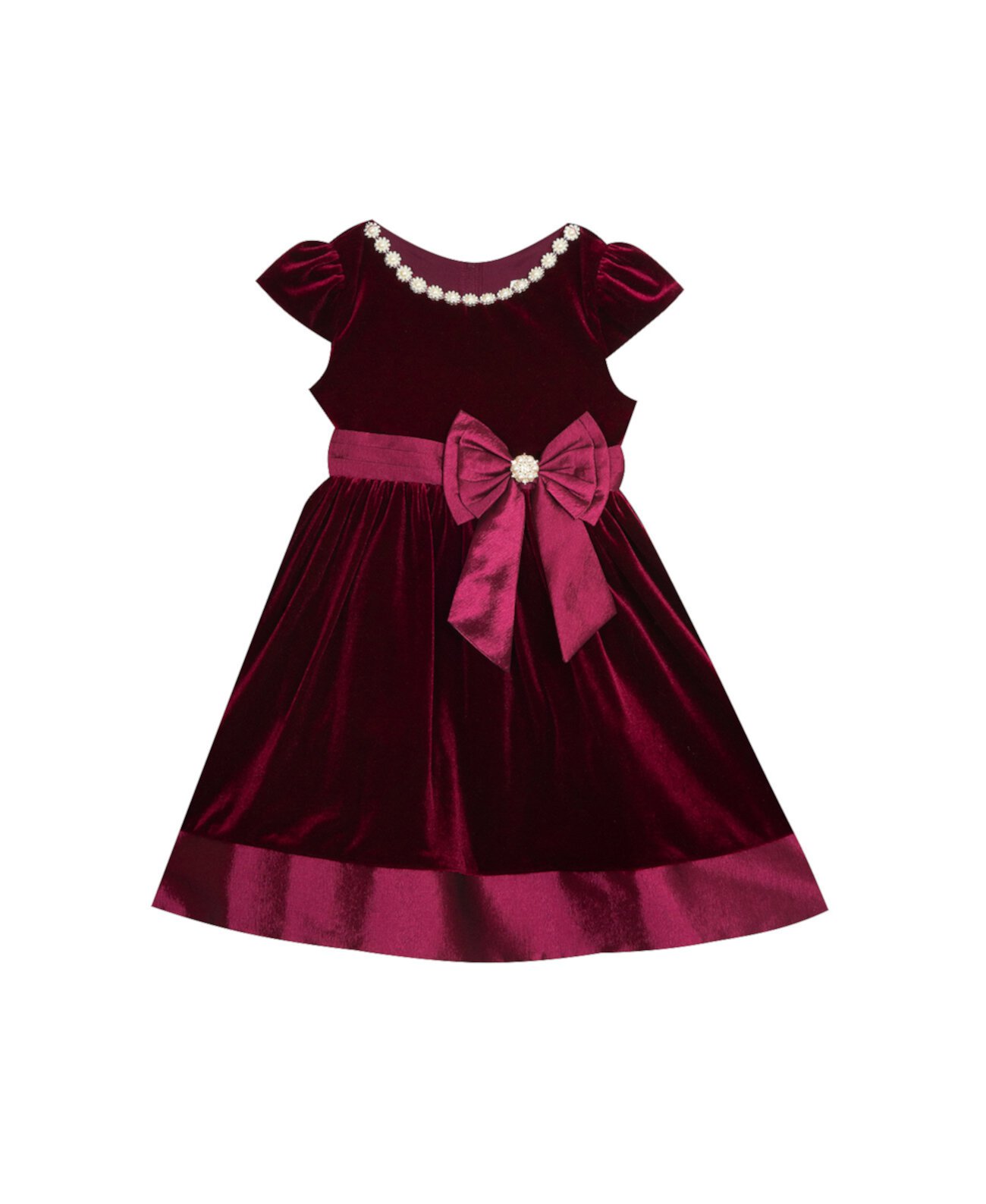Платье для маленьких девочек из эластичного бархата с расклешенным рисунком, поясом из эластичной тафты и бантом Rare Editions