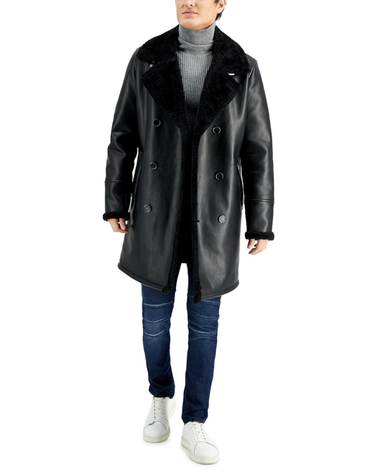 Мужское длинное двубортное пальто из кожзаменителя с манжетами и воротником из искусственной овчины GUESS