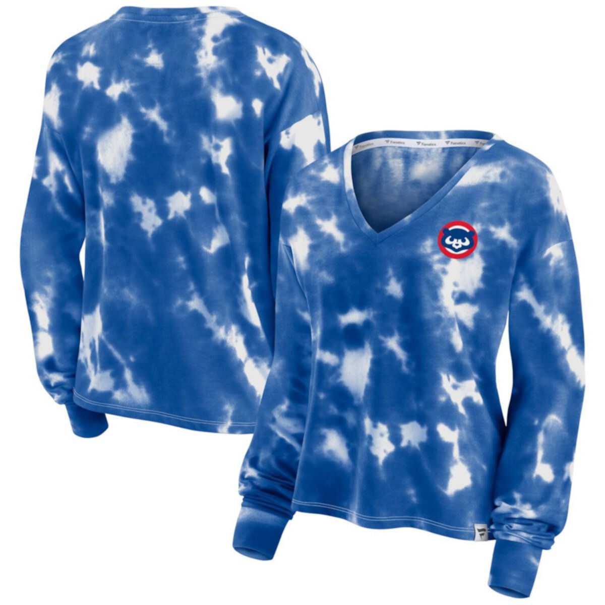 Женский пуловер с V-образным вырезом и принтом фанатиков, белый / Royal Chicago Cubs, укороченная футболка с принтом тай-дай Fanatics