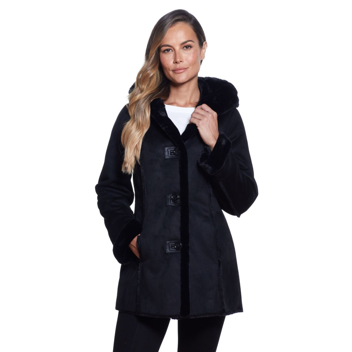 Женское пальто из искусственного меха с капюшоном Gallery