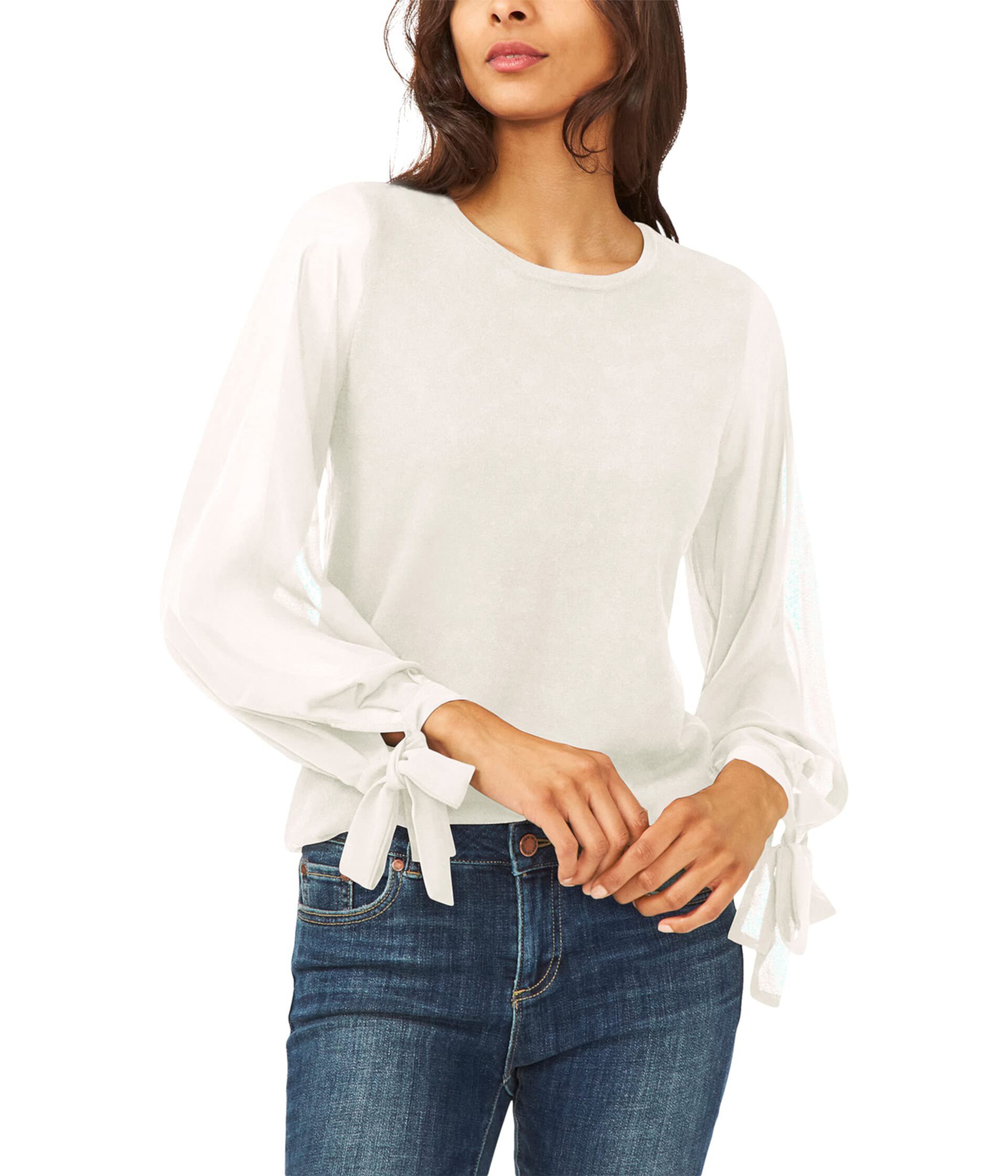 Long Sleeve Mix Media Sweater w/ Chiffon Sleeve CeCe