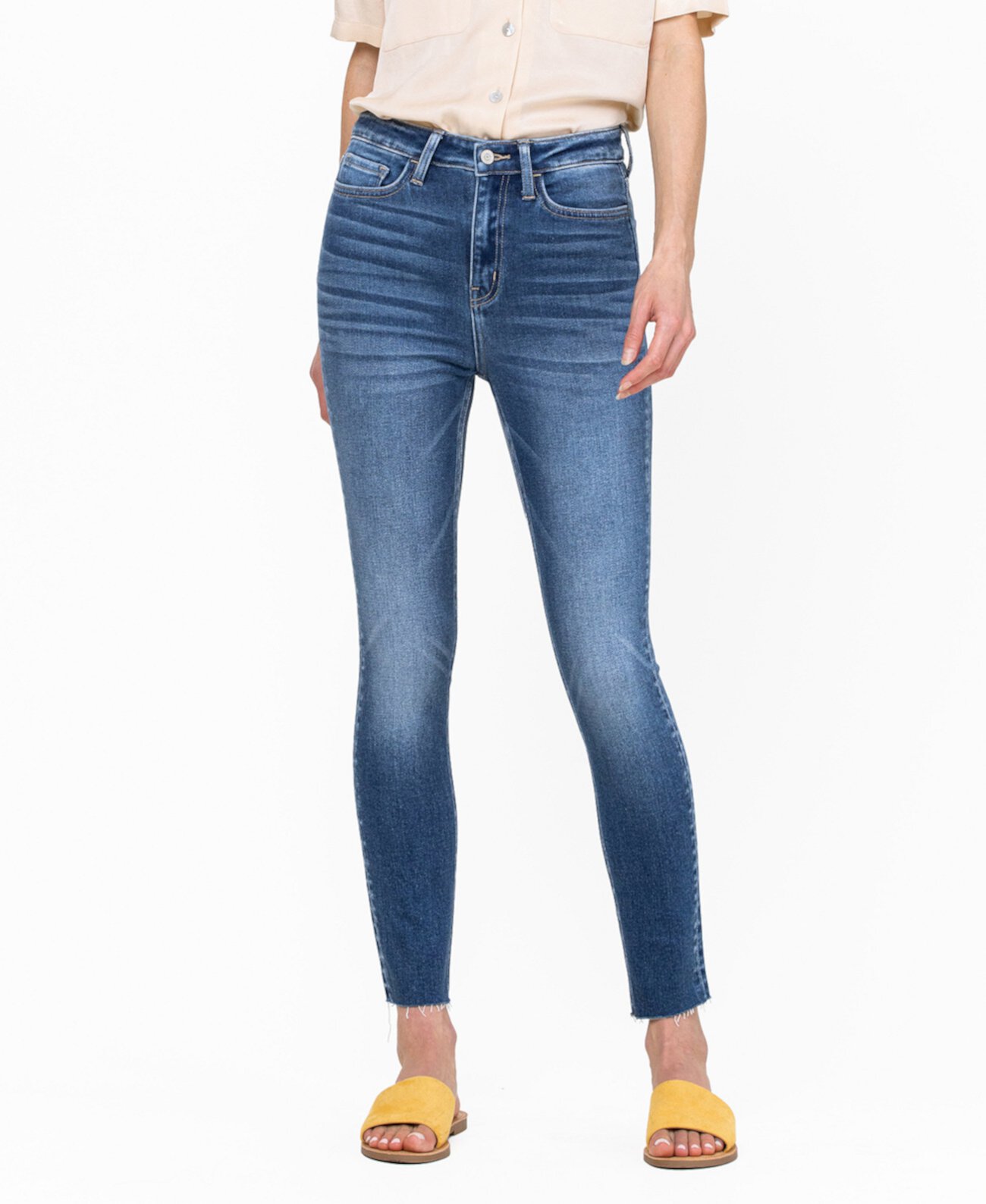 Женские укороченные джинсы-скинни с высокой посадкой и чистым вырезом по краю FLYING MONKEY