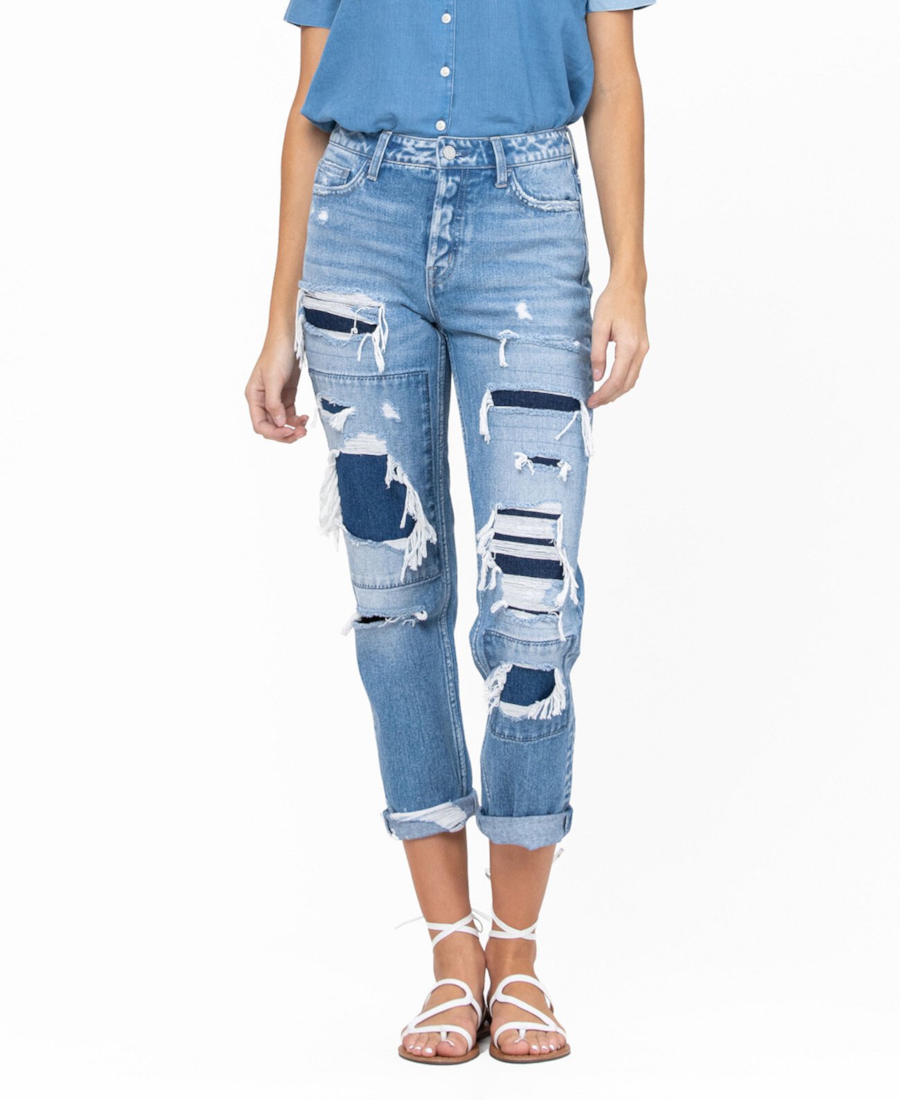 Женские джинсы-бойфренды Roll Up с потертостями и заплатками на потайной пуговице FLYING MONKEY