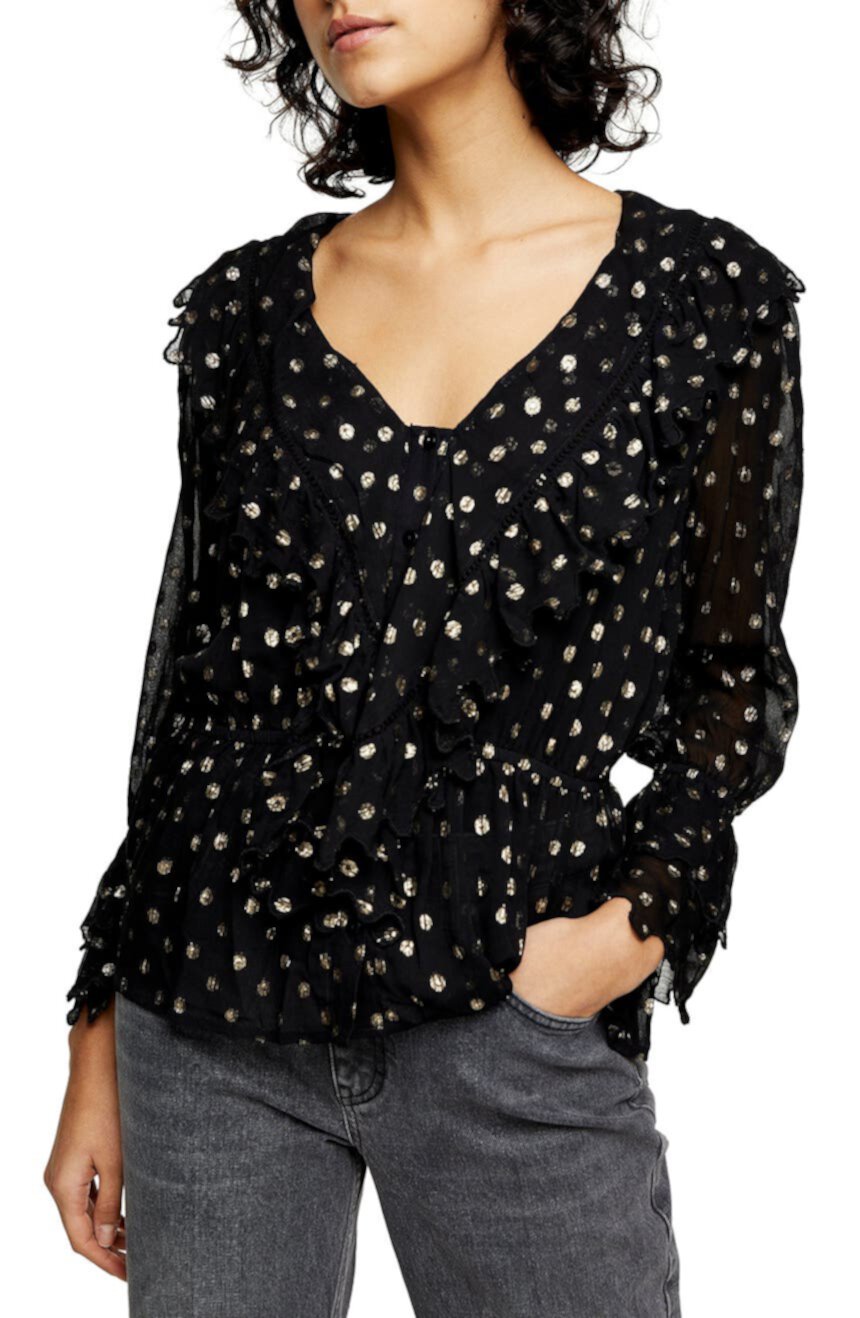 Блуза с оборками на рукавах в горошек и металлик TOPSHOP