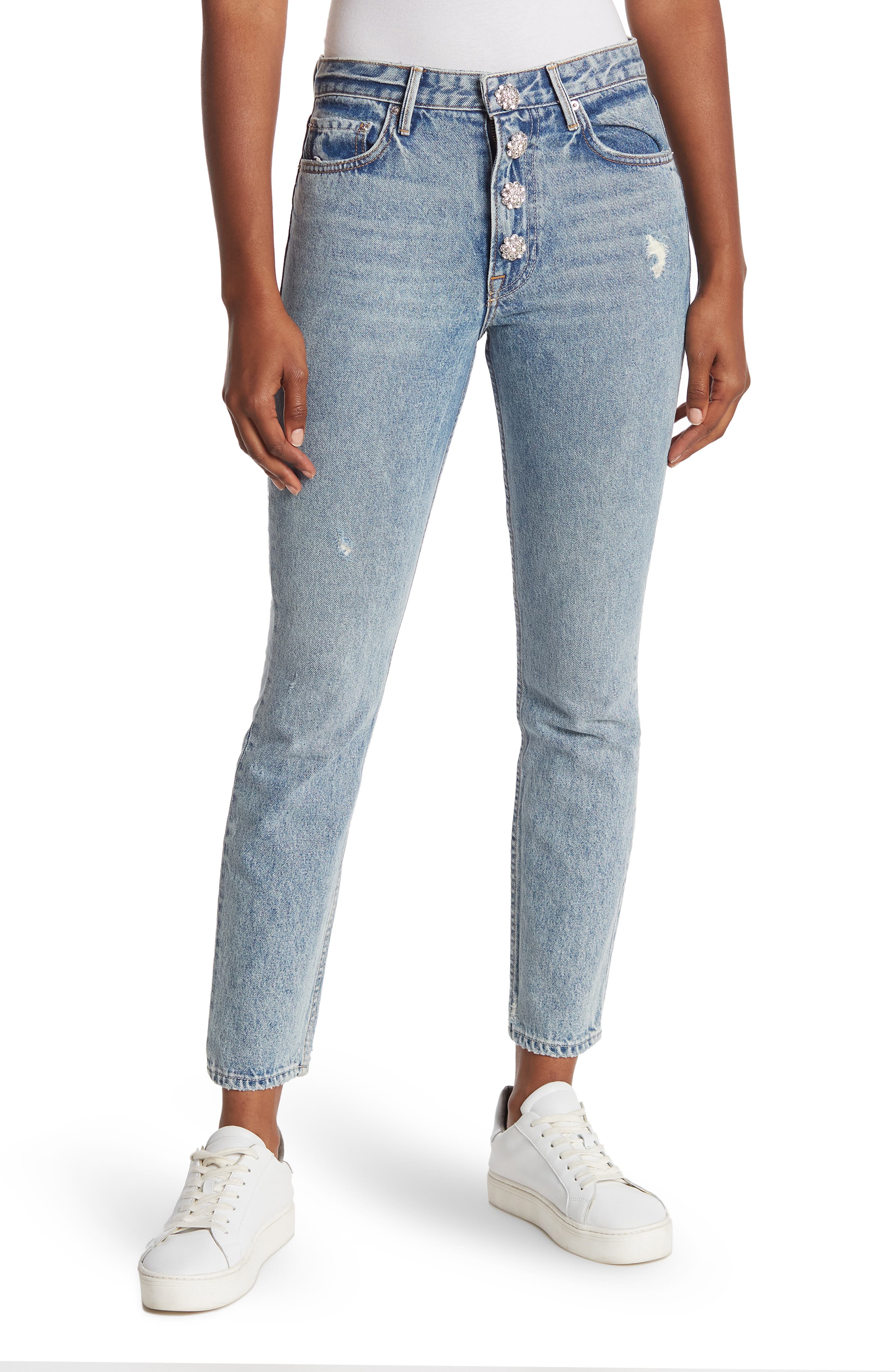 Рваные джинсы с завышенной талией и пуговицами Karolina со стразами GRLFRND