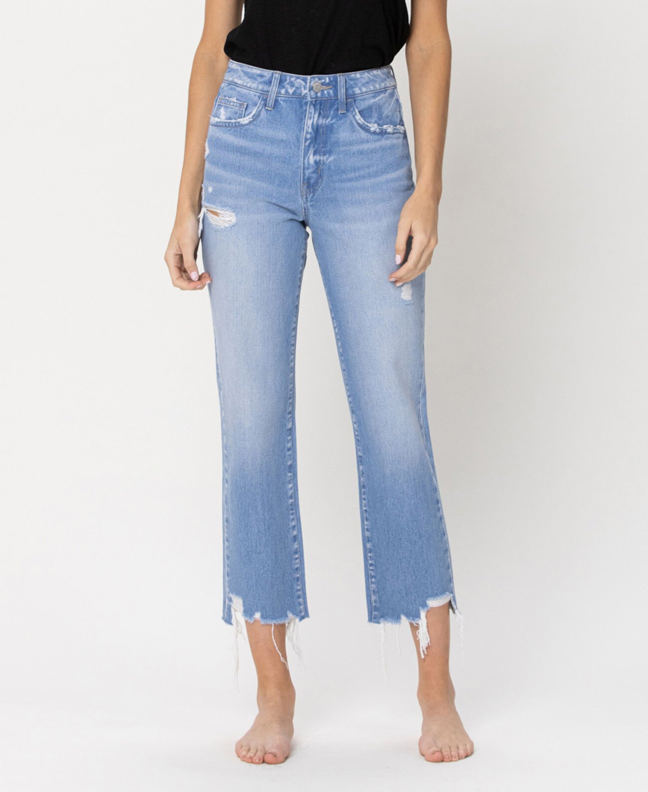 Женские прямые укороченные джинсы в винтажном стиле с высокой посадкой и потрепанным краем FLYING MONKEY