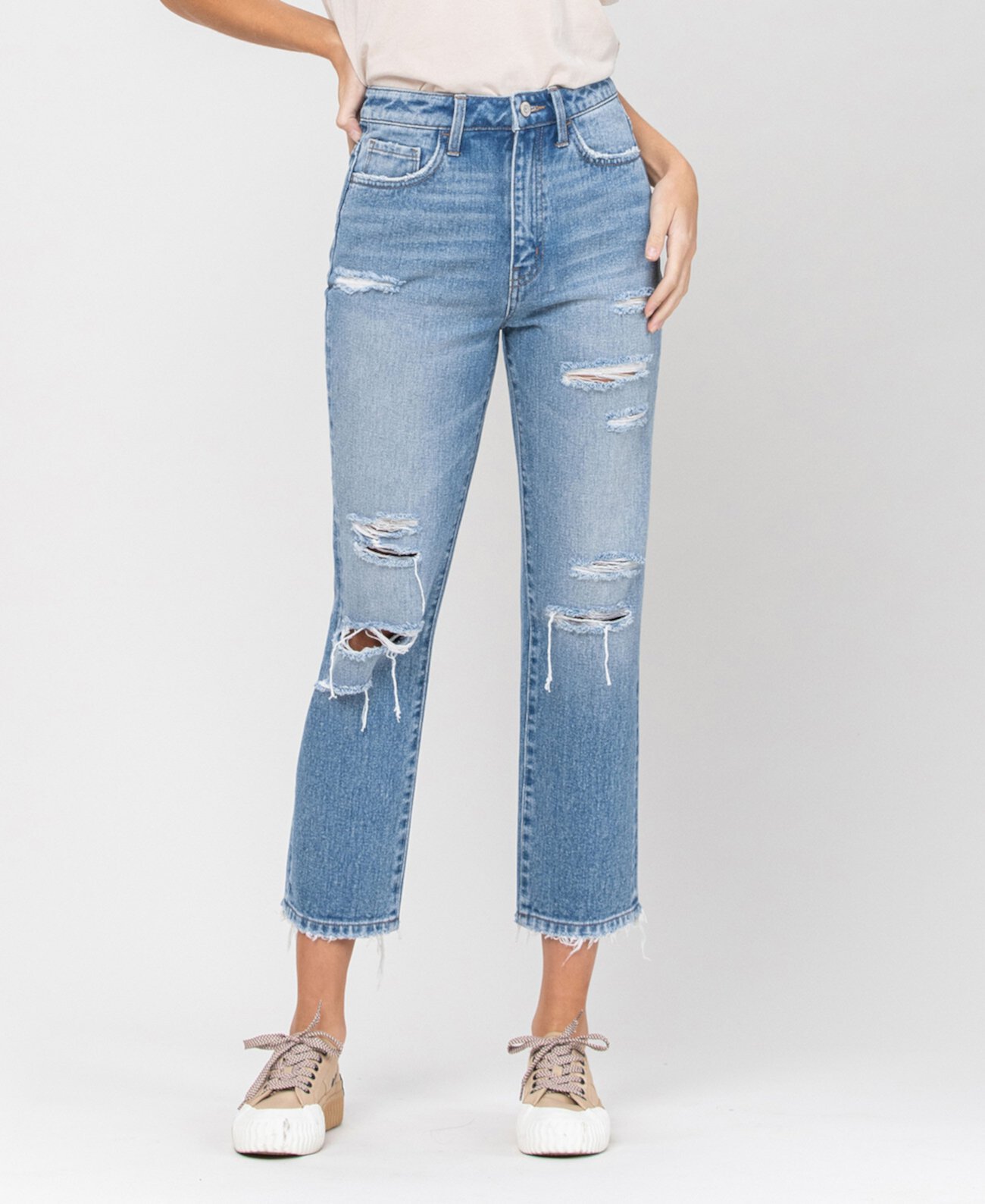 Женские рваные прямые укороченные джинсы с очень высокой посадкой VERVET