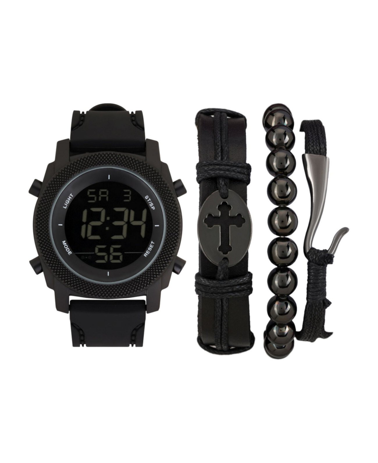 Мужские кварцевые часы с цифровым циферблатом с черным силиконовым ремешком и разные черные складные браслеты подарочный набор, набор из 4 American Exchange