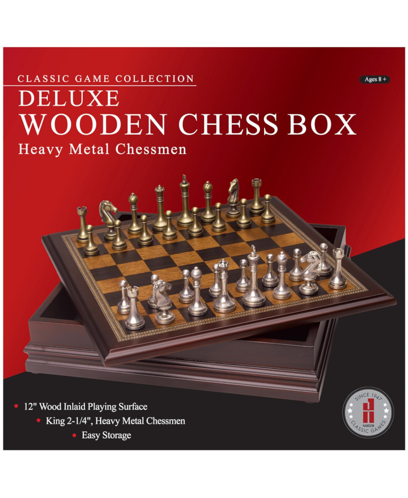 Коллекция классических игр — роскошная деревянная шкатулка для шахмат с тяжелыми металлическими шахматными фигурами John N. Hansen Co.