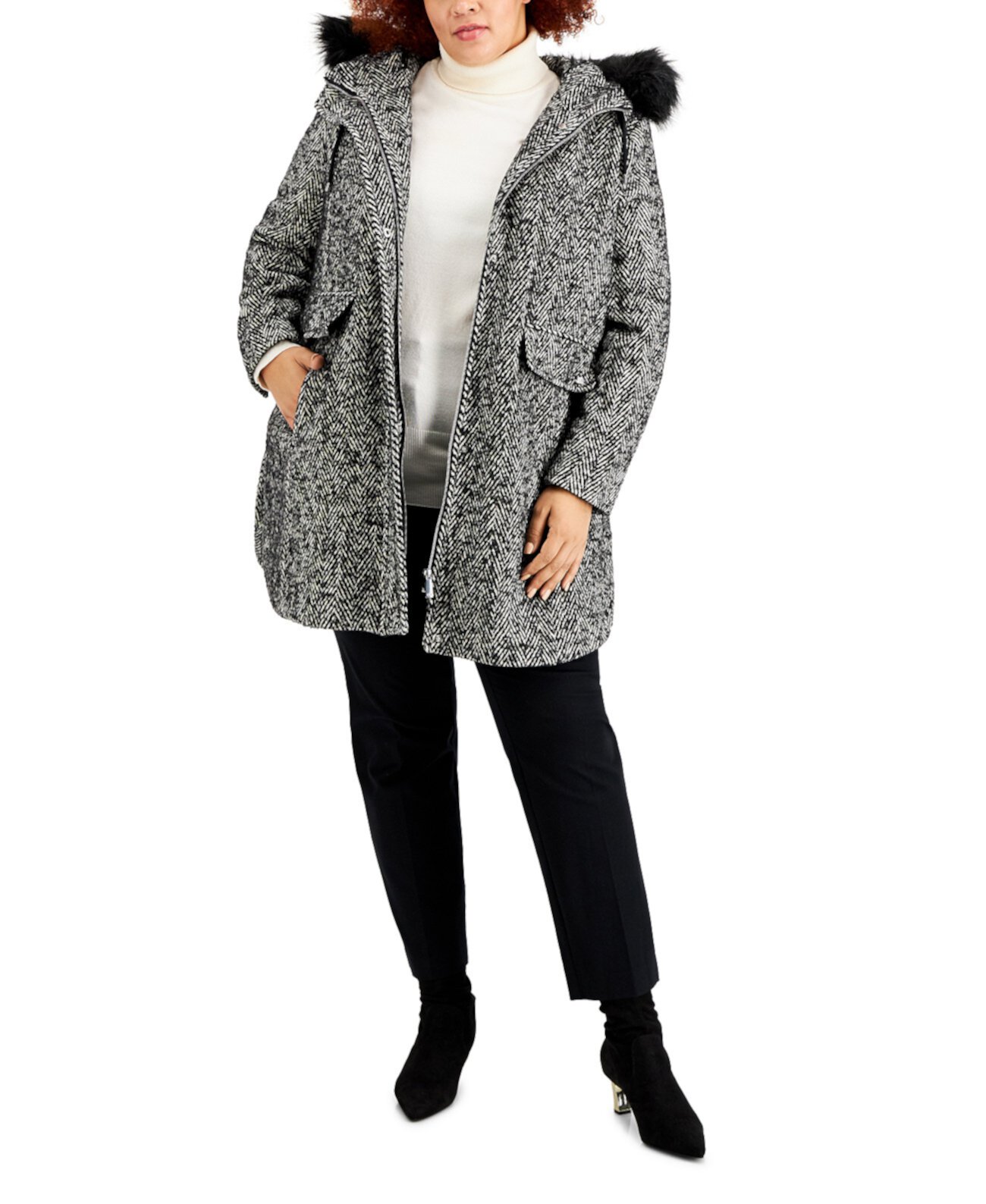 Пальто больших размеров с капюшоном и отделкой из искусственного меха Calvin Klein
