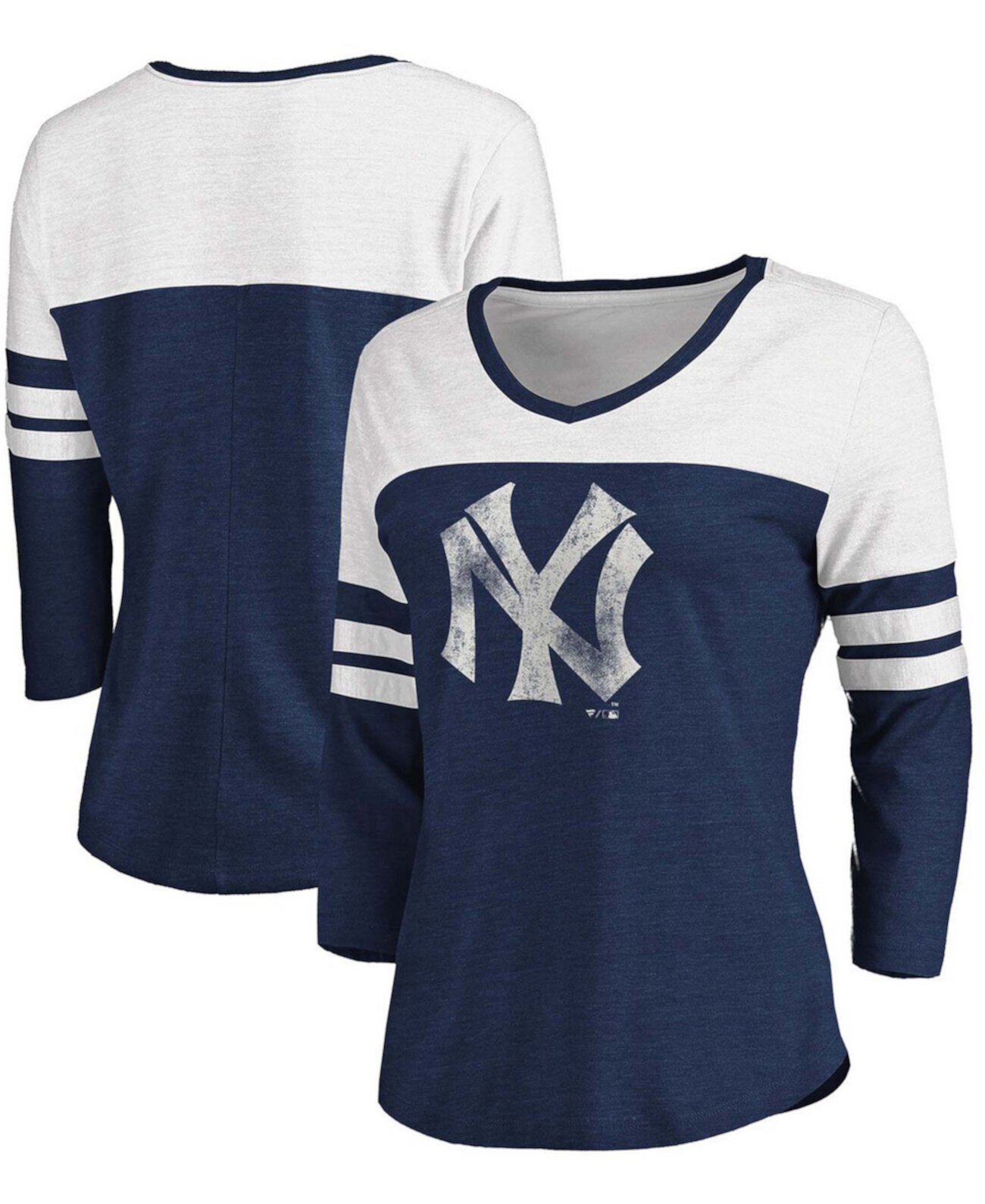 Женская темно-синяя белая футболка New York Yankees с двухцветными потертостями из коллекции Cooperstown, трехцветная футболка с рукавами 3/4 и V-образным вырезом Fanatics
