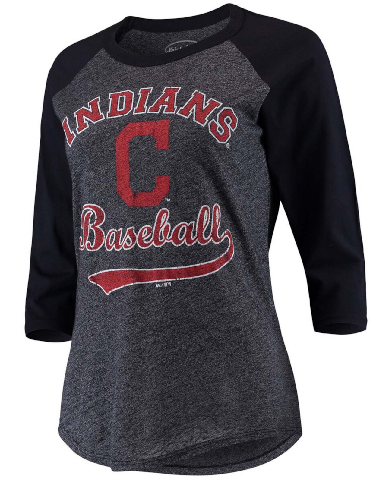 Женская футболка Cleveland Indians Team Baseball с рукавами реглан и три четверти рукавами реглан темно-синего цвета Majestic