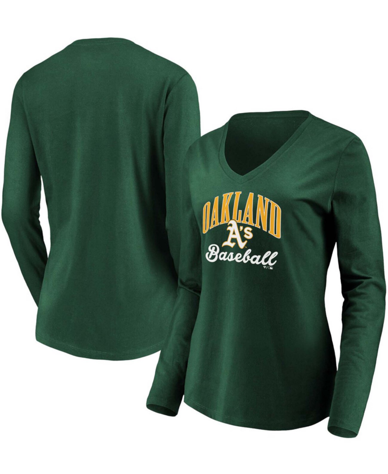 Женская футболка с длинным рукавом Green Oakland Athletics Victory Script с V-образным вырезом Fanatics