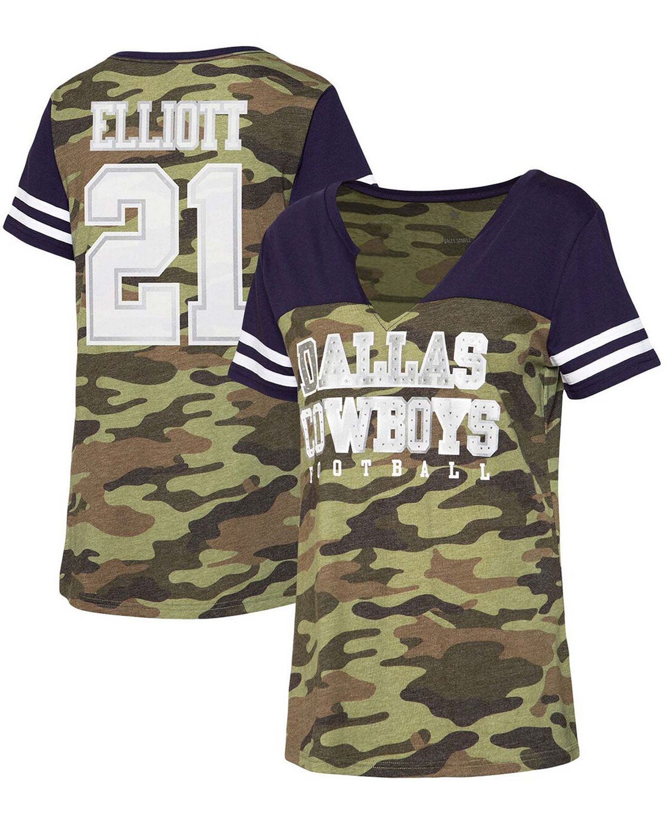 Женская футболка Ezekiel Elliott Camo, Navy Simone Name and Number с треугольным вырезом и треугольным вырезом Dallas Cowboys