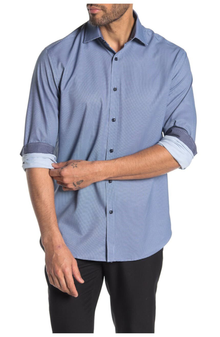 Рубашка зауженного кроя в четырех направлениях с длинным рукавом и микропринтом CONSTRUCT
