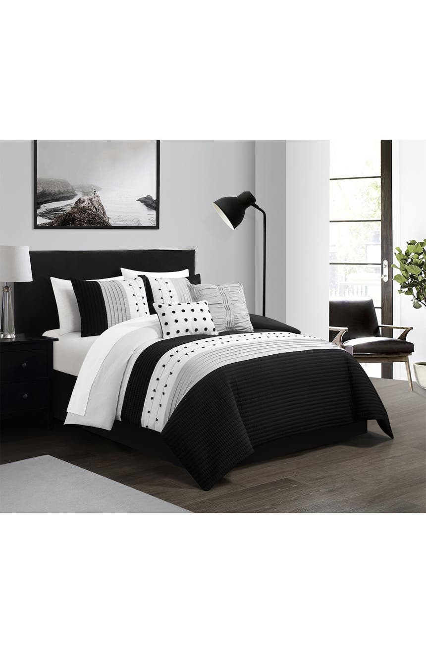 Lannie Color Block Плиссированный вышитый дизайн King Comforter Set - Черный - Набор из 5 предметов CHIC