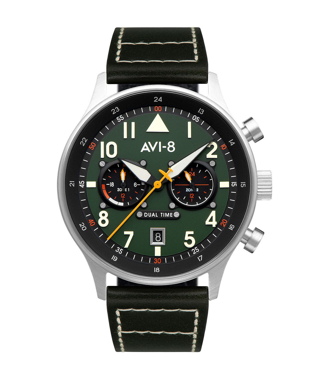 Мужские часы Hawker Hurricane Carey Dual Time Merville с зеленым ремешком из натуральной кожи 43 мм AVI-8
