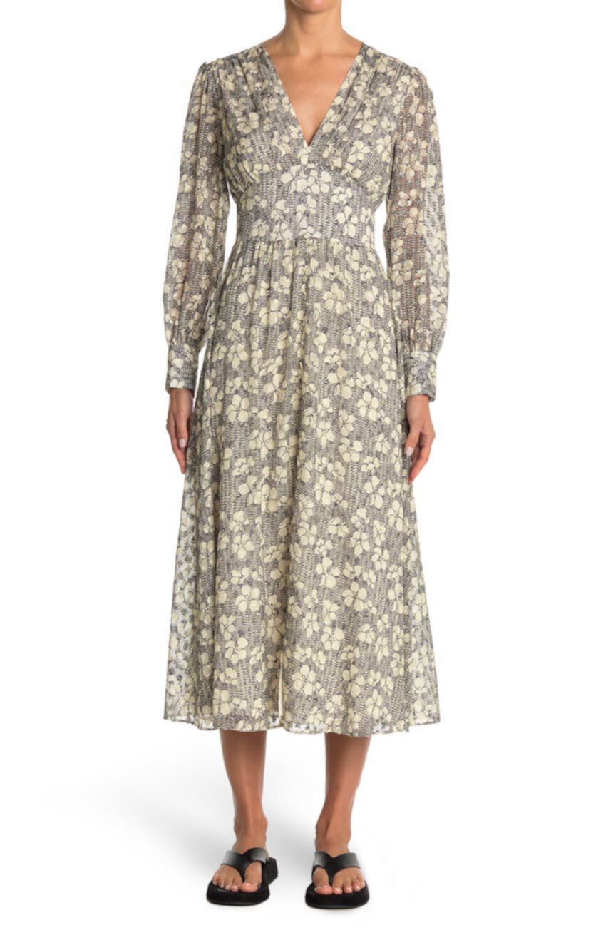 Платье миди из смесовой шелковой смеси с цветочным принтом и длинными рукавами с V-образным вырезом Jason Wu