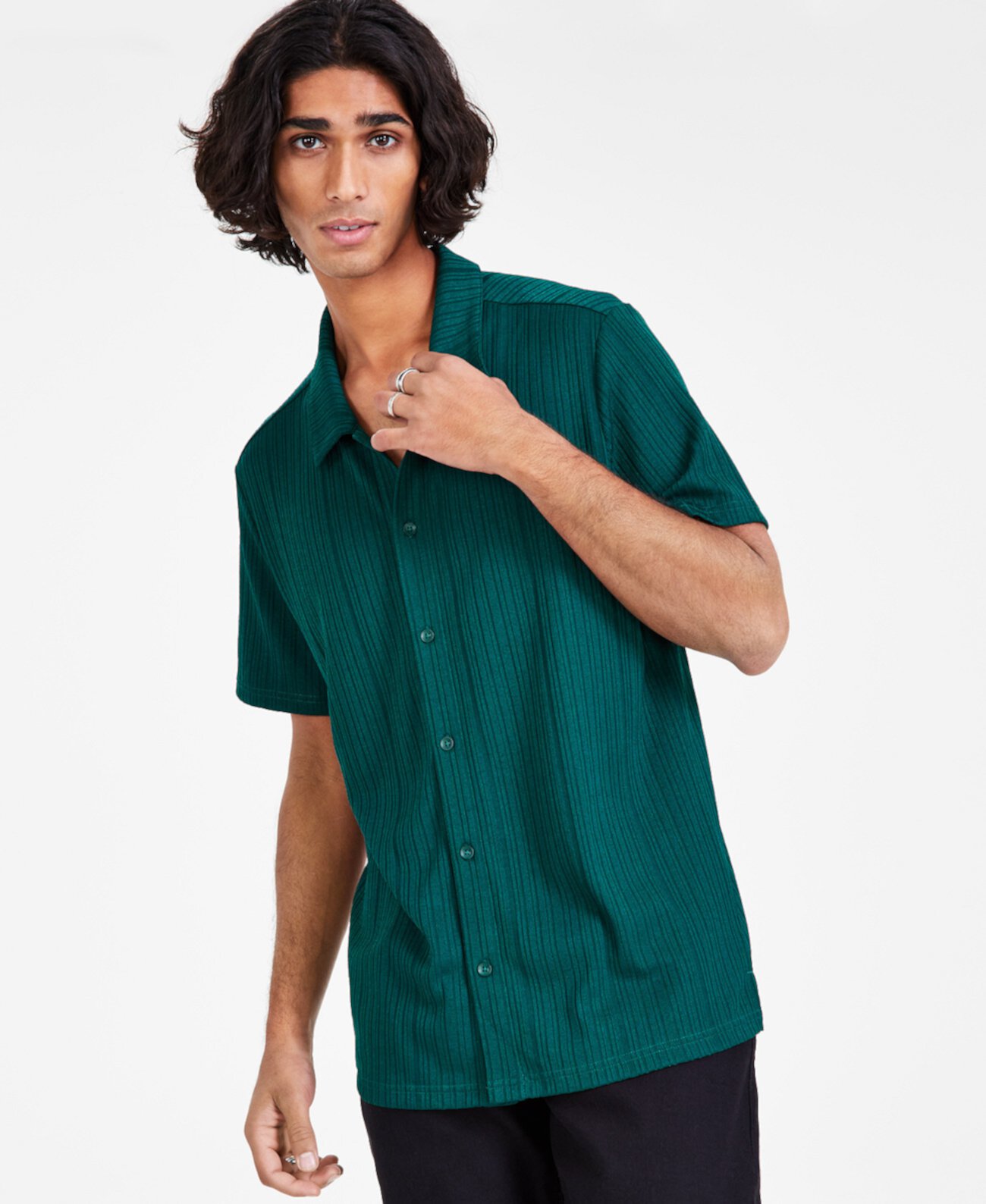 Мужская трикотажная рубашка с короткими рукавами на пуговицах в рубчик, созданная для Macy's I.N.C. International Concepts