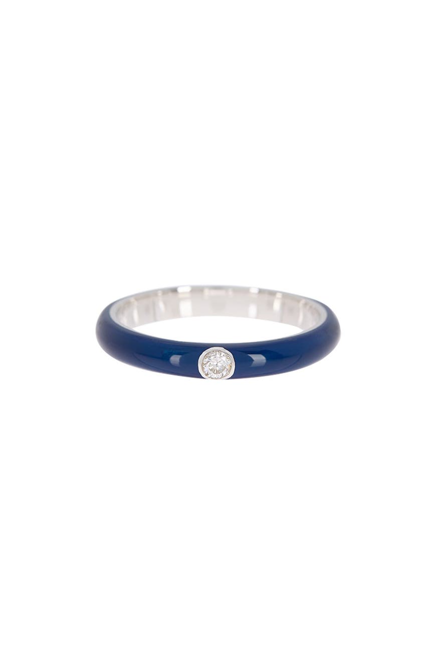 Одиночное кольцо с бриллиантом из белого золота 14 карат и темно-синей эмалью - размер 7 - 0,06 карата EF Collection