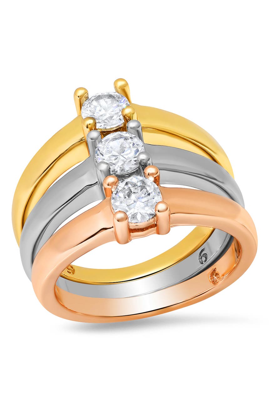 Трехцветное кольцо-пасьянс из стерлингового серебра с имитацией бриллианта - набор из 3 шт. HMY Jewelry