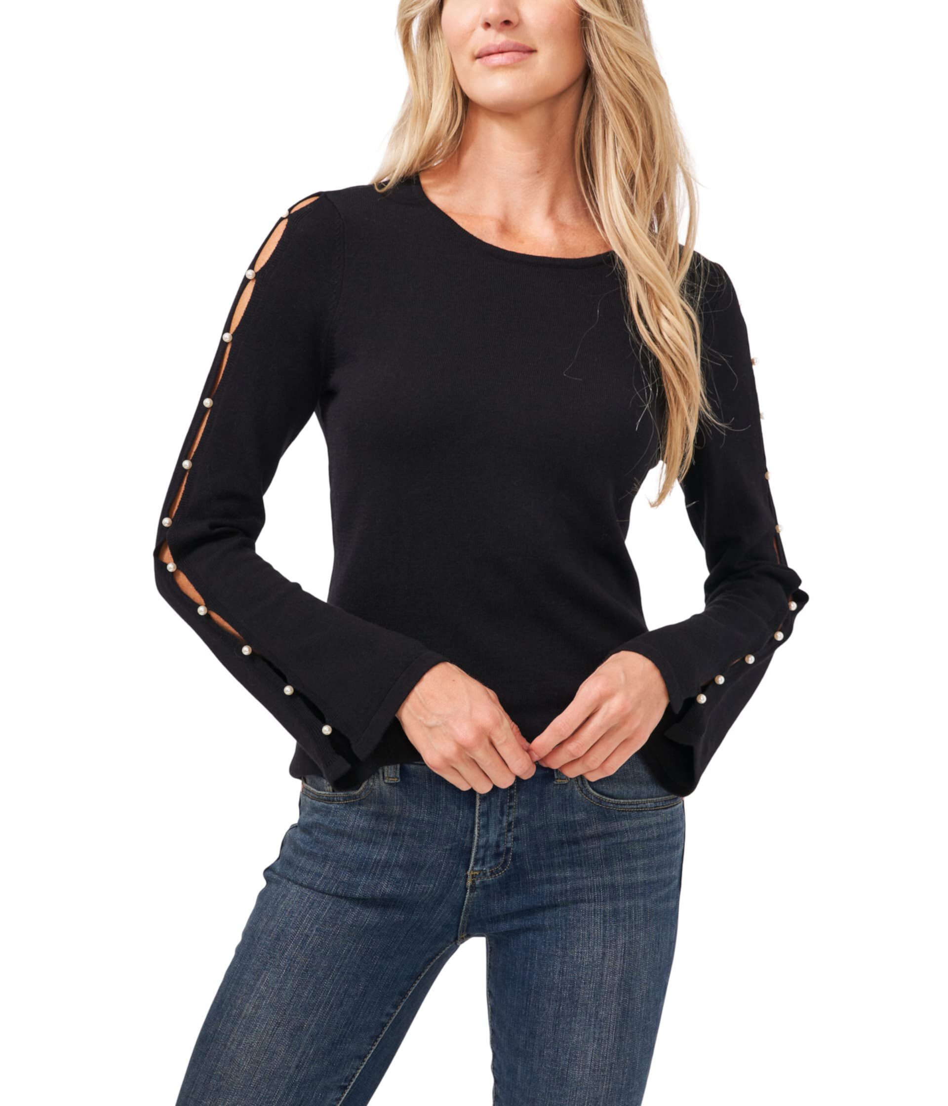 Long Sleeve Crew Neck Sweater w/ Peral Trim CeCe