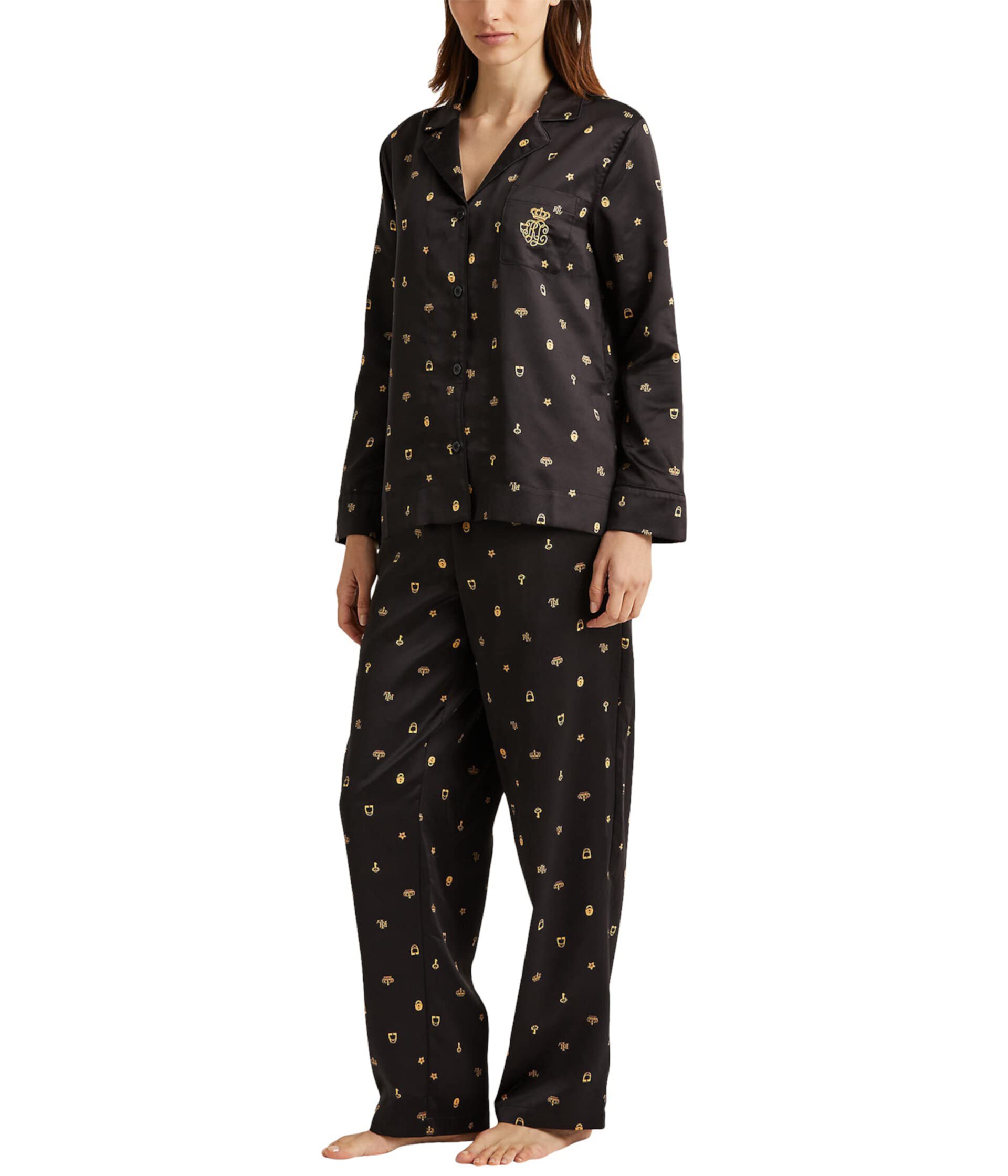 Атласный пижамный комплект с длинным рукавом и воротником-стойкой Ralph Lauren