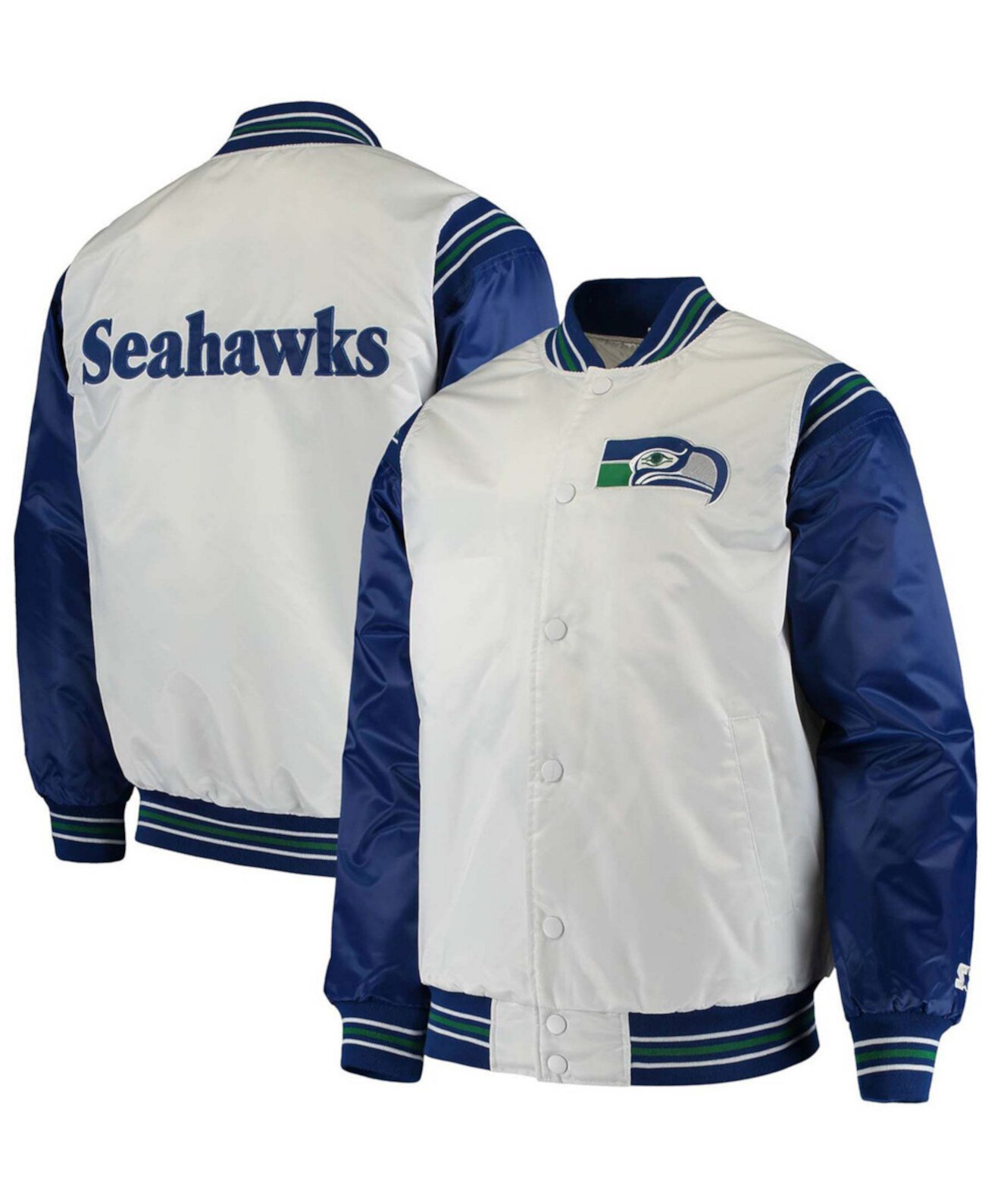 Мужская белая атласная куртка Royal Seattle Seahawks с историческим логотипом Renegade Varsity на пуговицах Starter