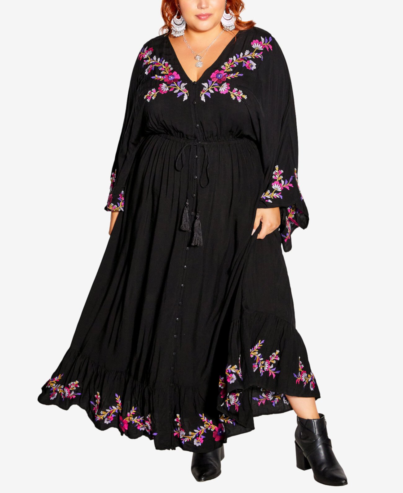 Модное макси-платье в фольклорном стиле больших размеров с вышивкой City Chic