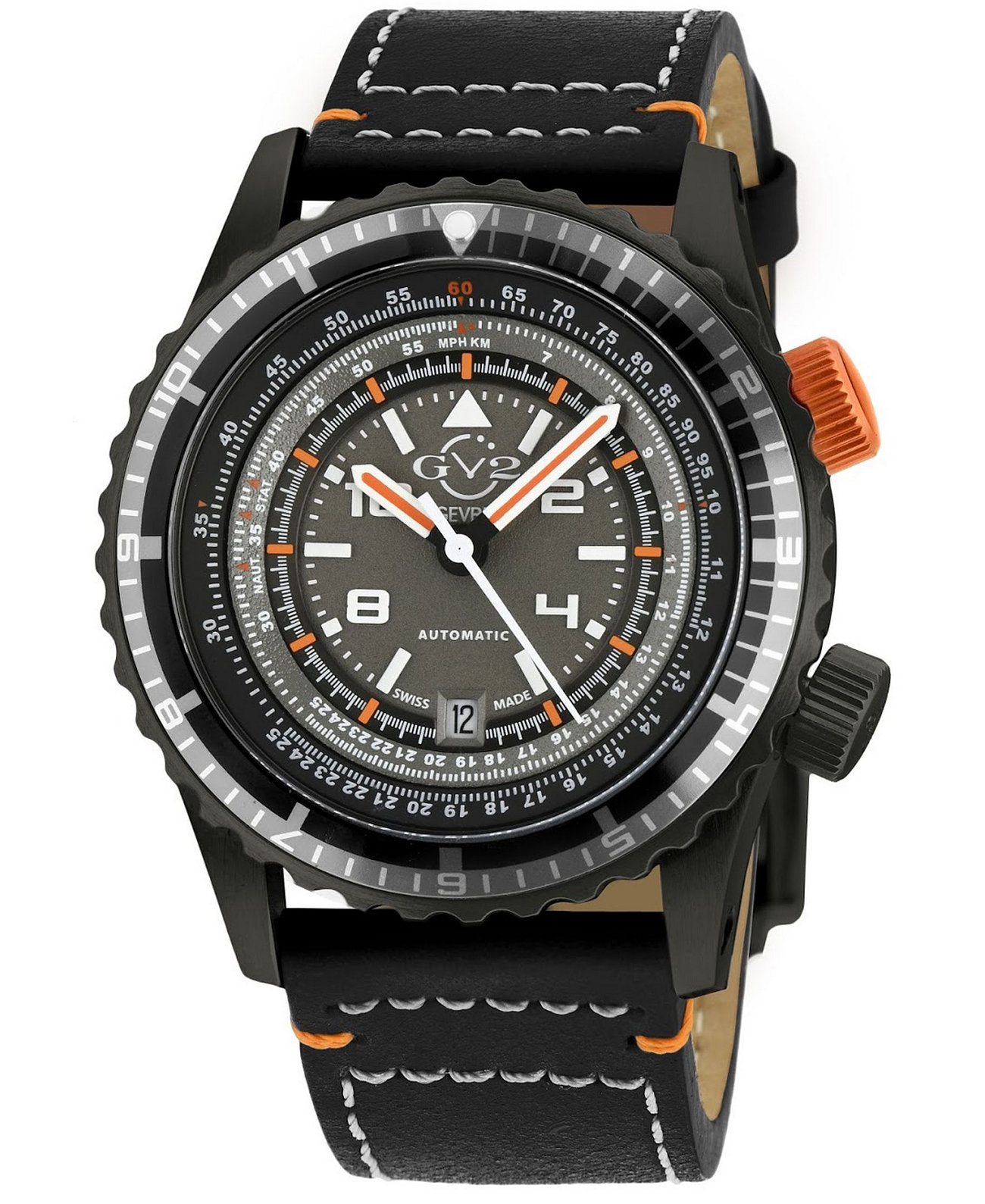 Мужские часы Contasecondi GV2 с черным кожаным автоматическим ремешком, 43 мм Gevril