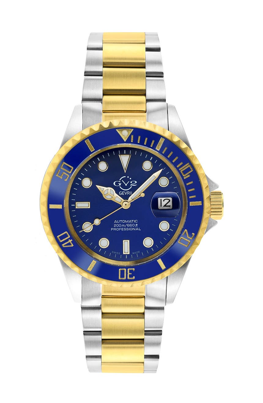 Мужские часы GV2 Liguria с синим циферблатом и двухцветным браслетом из нержавеющей стали, 42 мм Gevril