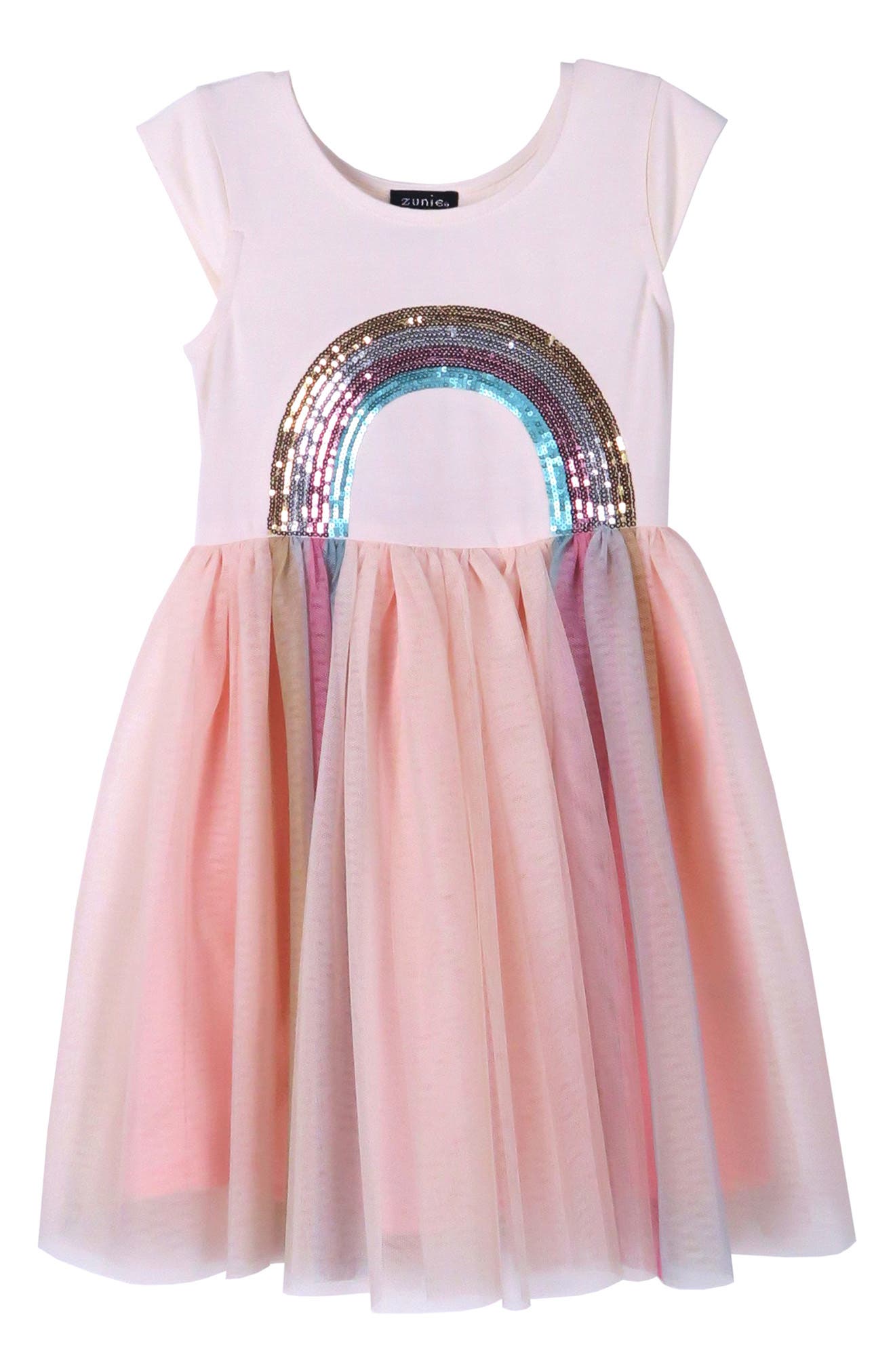 Платье-пачка с короткими рукавами и радужной вышивкой пайетками Zunie