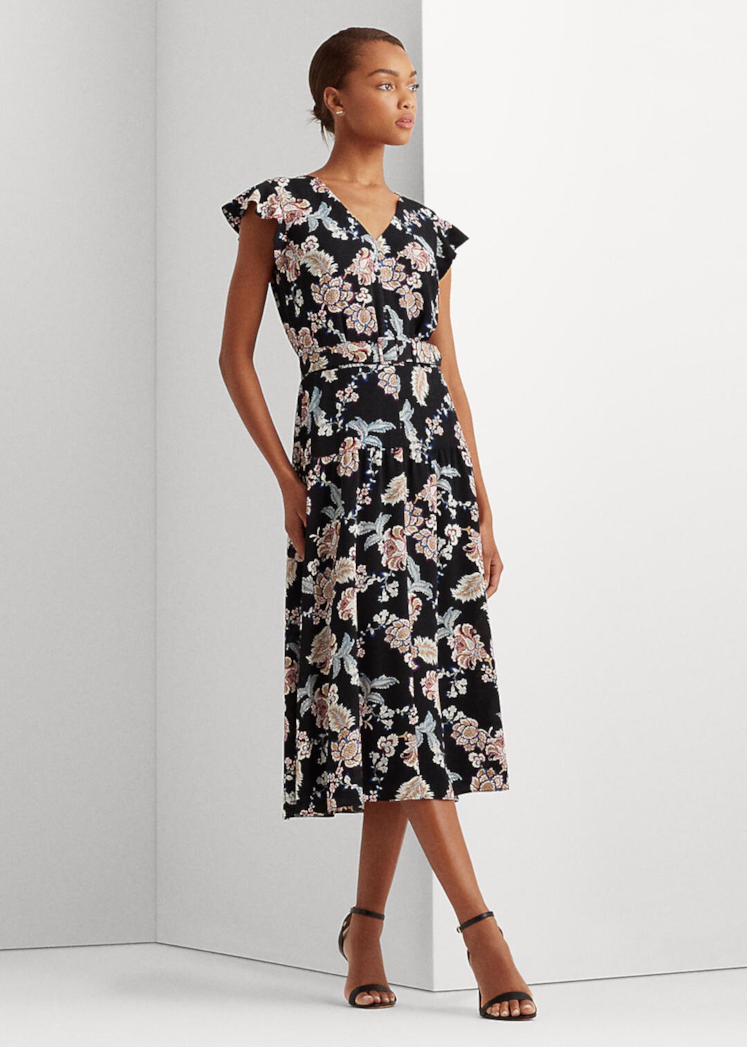 Креповое платье миди с цветочным принтом и поясом Ralph Lauren