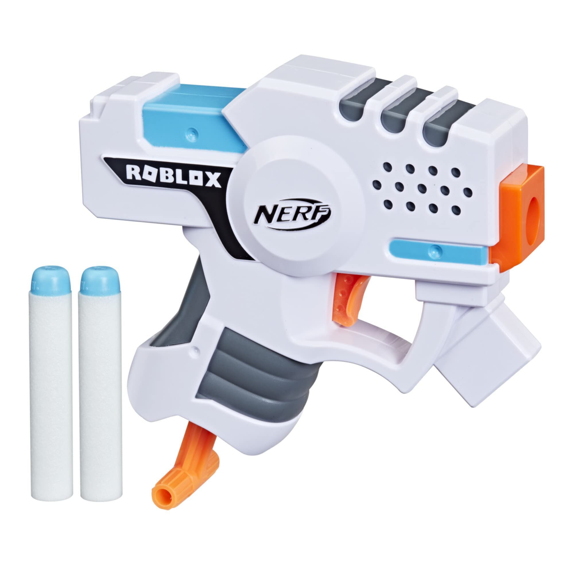 NERF Roblox Strucid: Boom Strike Dart Blaster, выдвижная рукоятка заправки, 2 элитных дротика, код для разблокировки виртуального предмета в игре, белый Nerf