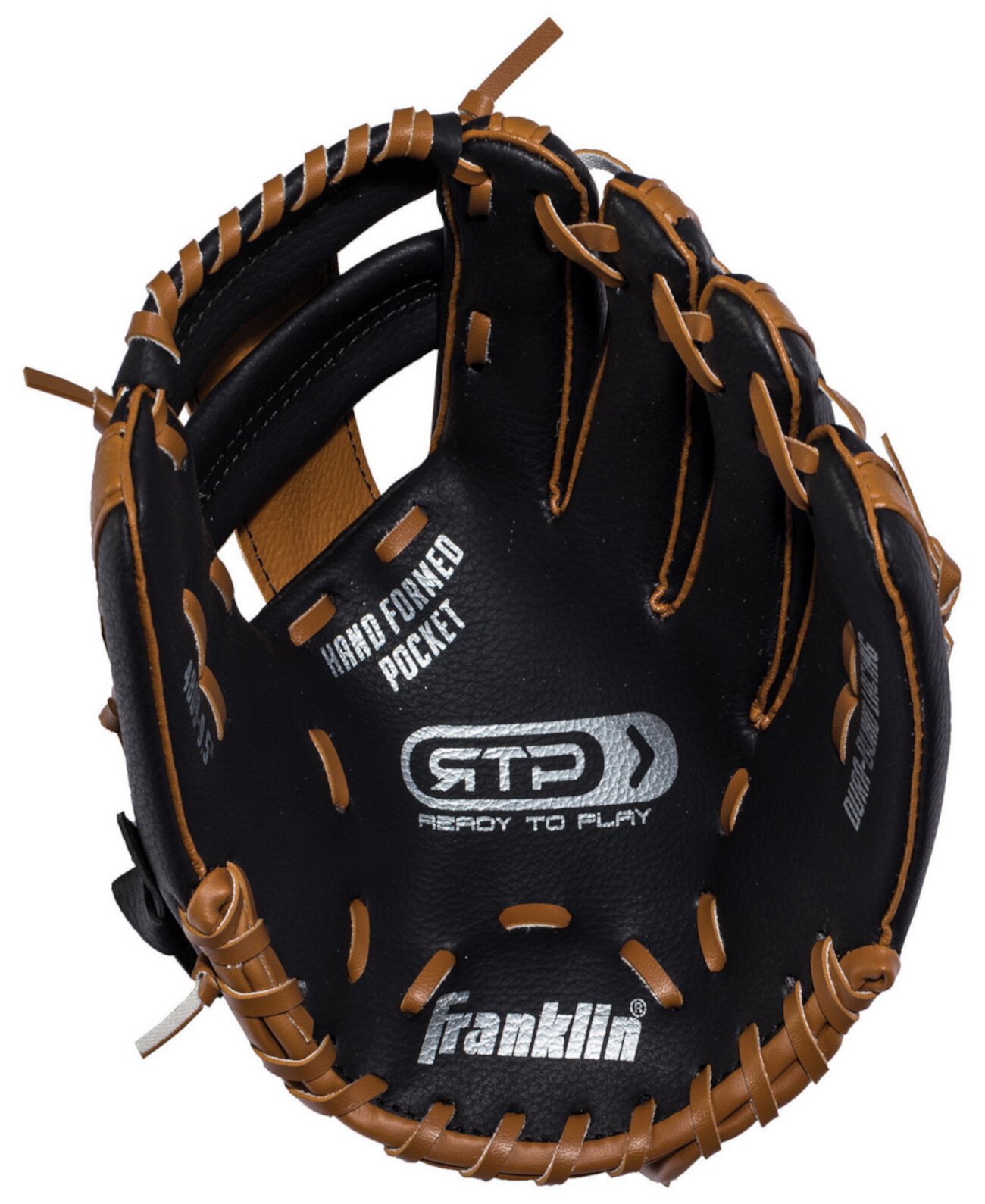 9,5-дюймовая черная/коричневая бейсбольная перчатка из ПВХ с мячом для правшей Franklin Sports