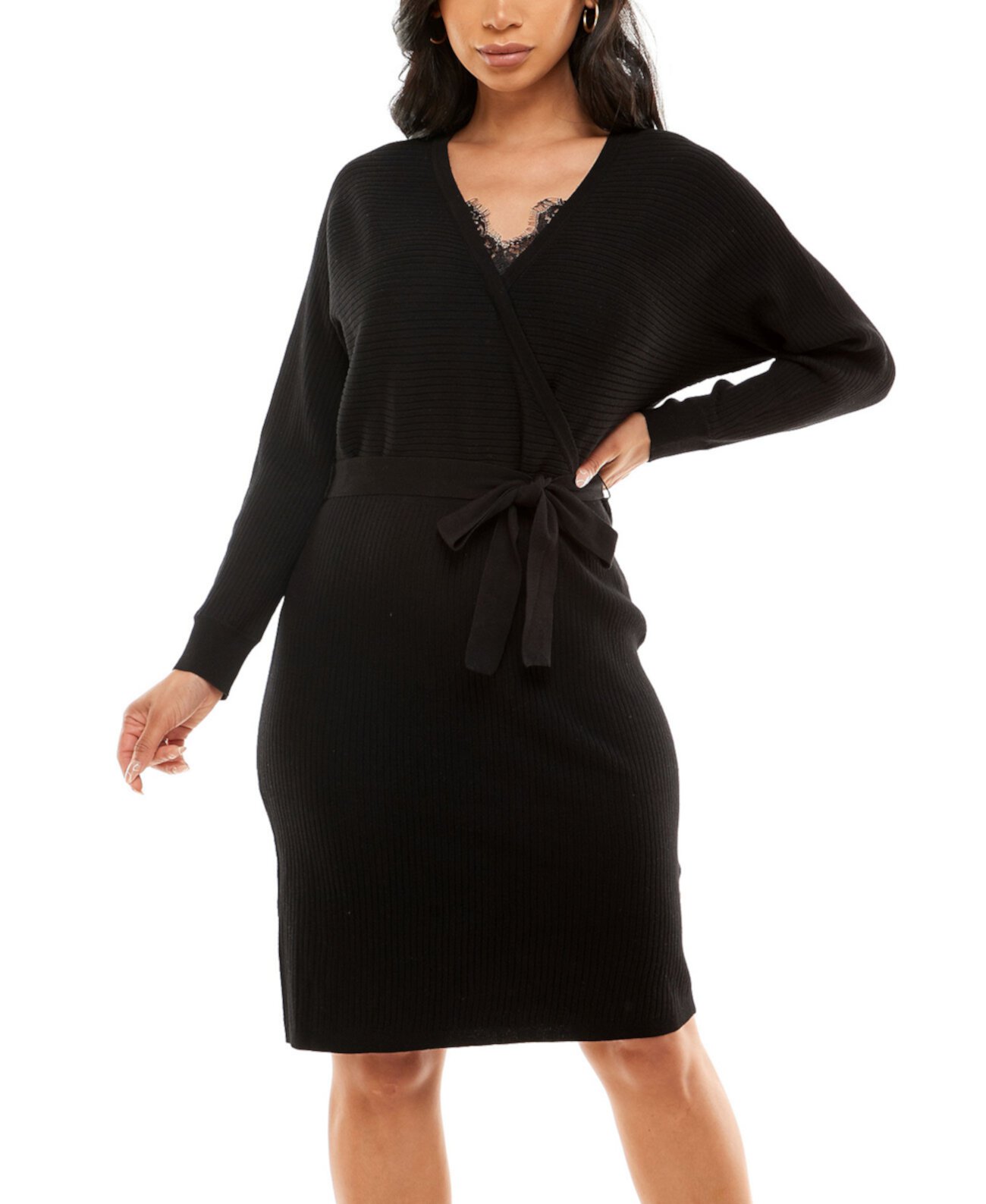 Женское платье-свитер в рубчик с длинным рукавом и кружевной отделкой Adrienne Vittadini