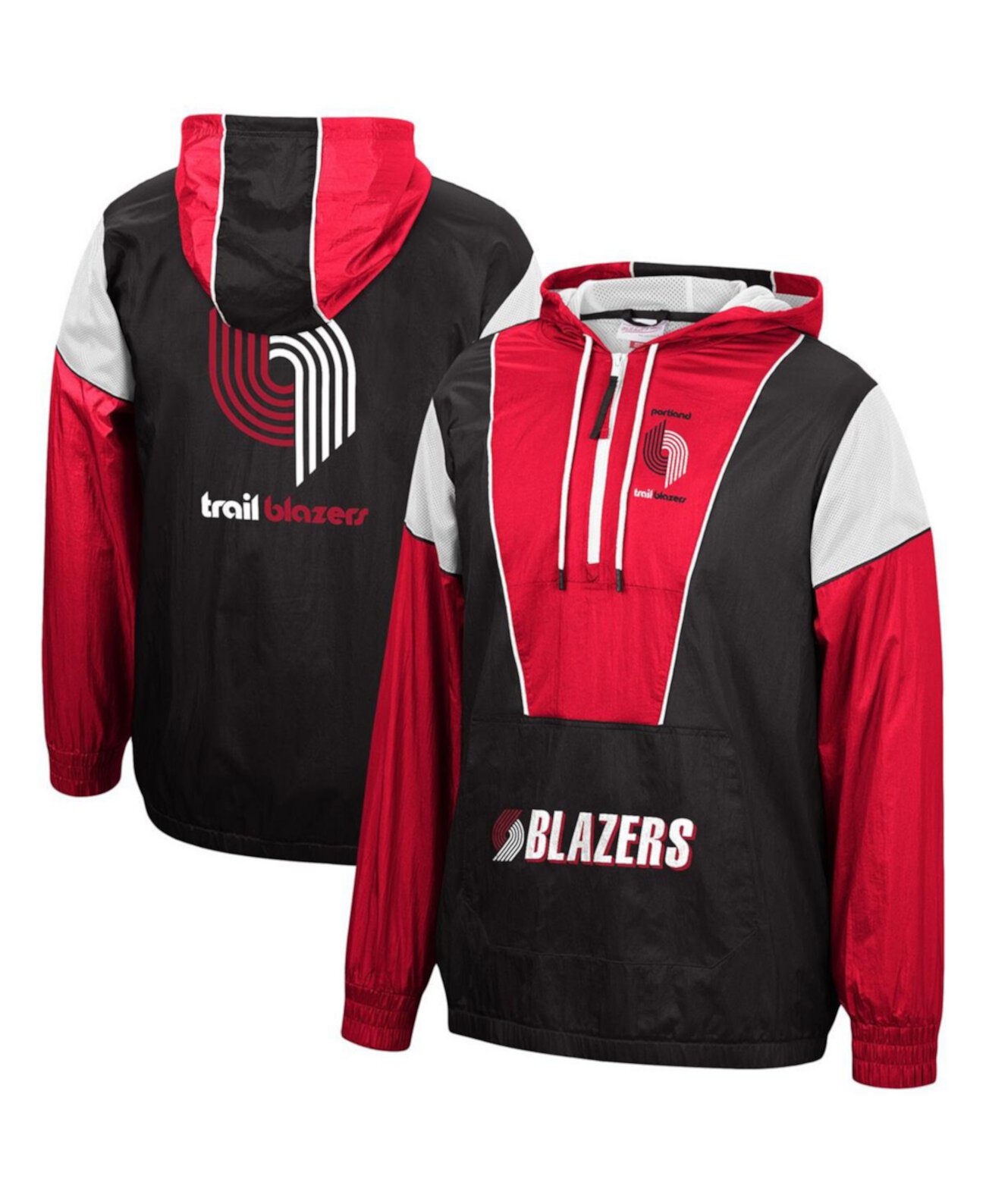 Мужские черные и красные блейзеры Portland Trail Blazers Hardwood Classics Highlight Reel Windbreaker Jacket Half Zip Hoodie Jacket Mitchell & Ness