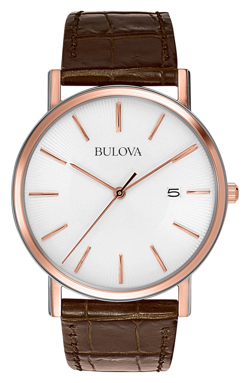 Мужские классические часы из розового золота с белым циферблатом и кожаным тиснением, 37 мм Bulova