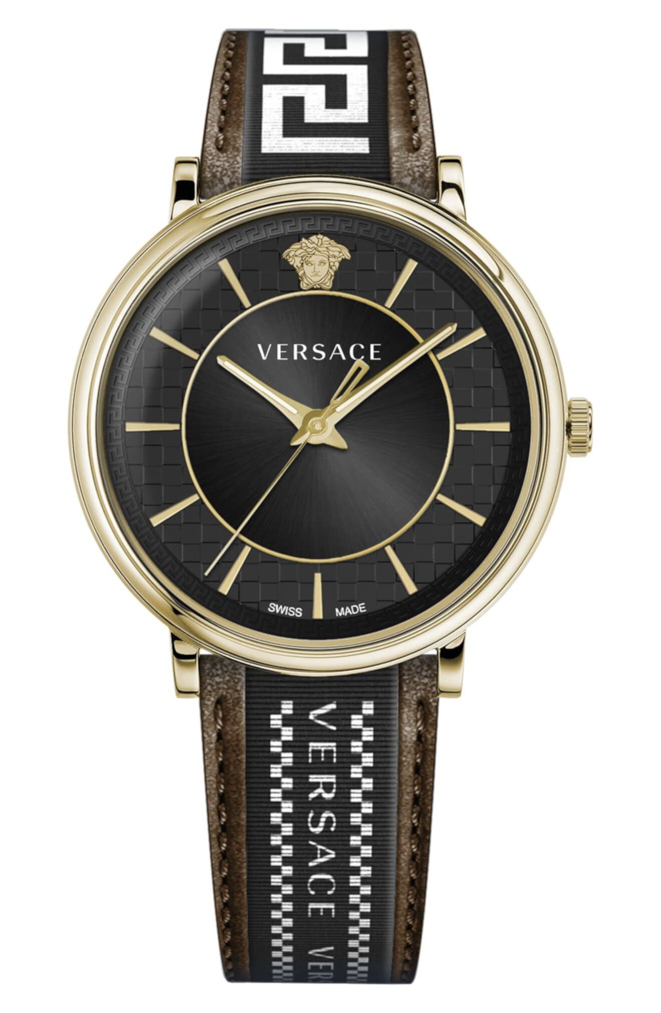Мужские часы V-образного сечения с черным циферблатом и кожаным ремешком, 42 мм Versace