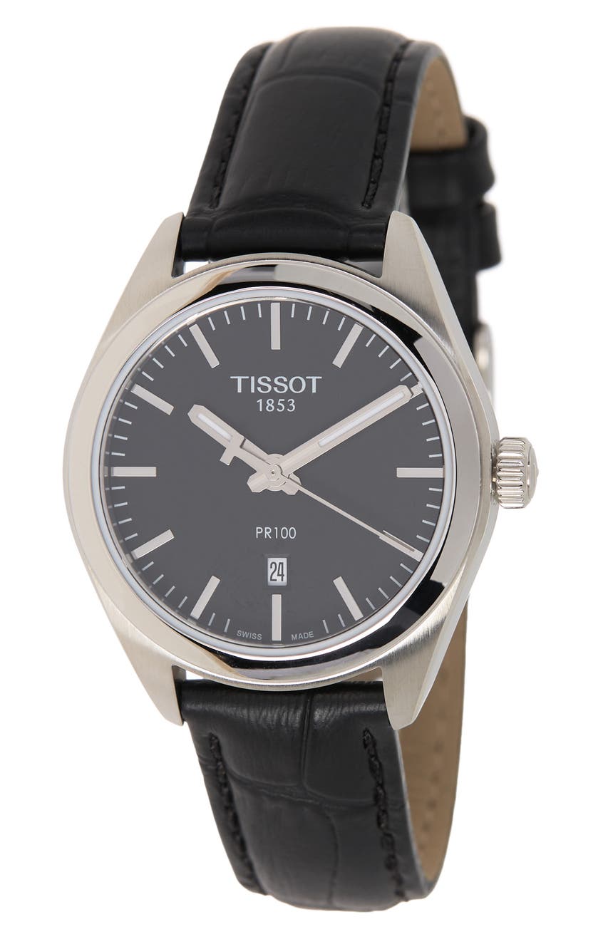 Женские часы PR 100 с черным кожаным ремешком с тиснением под аллигатора, 31,75 мм Tissot