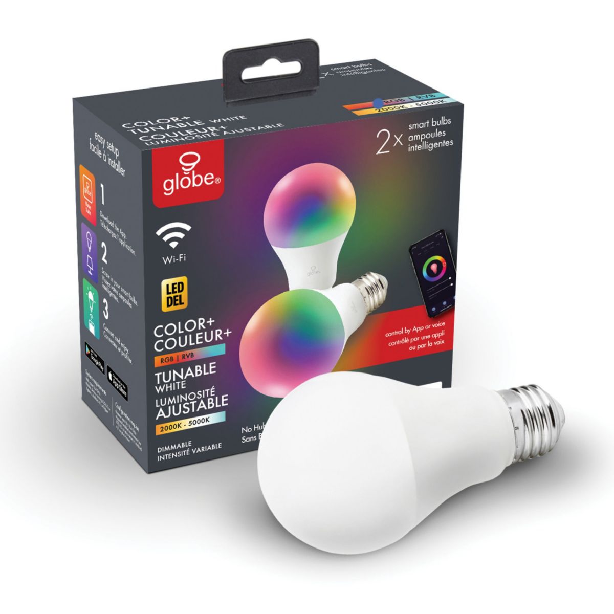 Globe Electric 34207 A19-Shape E26-Base Wi-Fi Smart Color-Changing-RGB Tunable-White 60-ваттная эквивалентная матовая светодиодная лампа (2 шт.) Globe Electric